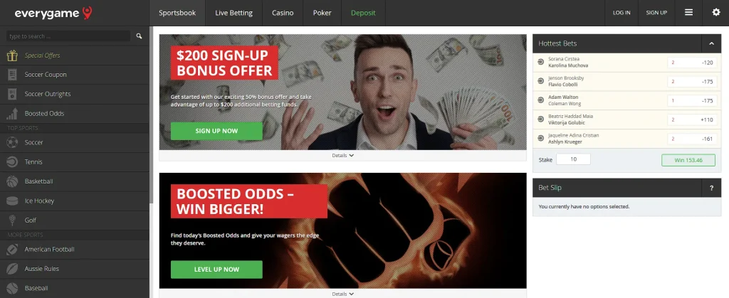 Everygame sportsbook interface – veteran operator with steady value and live betting