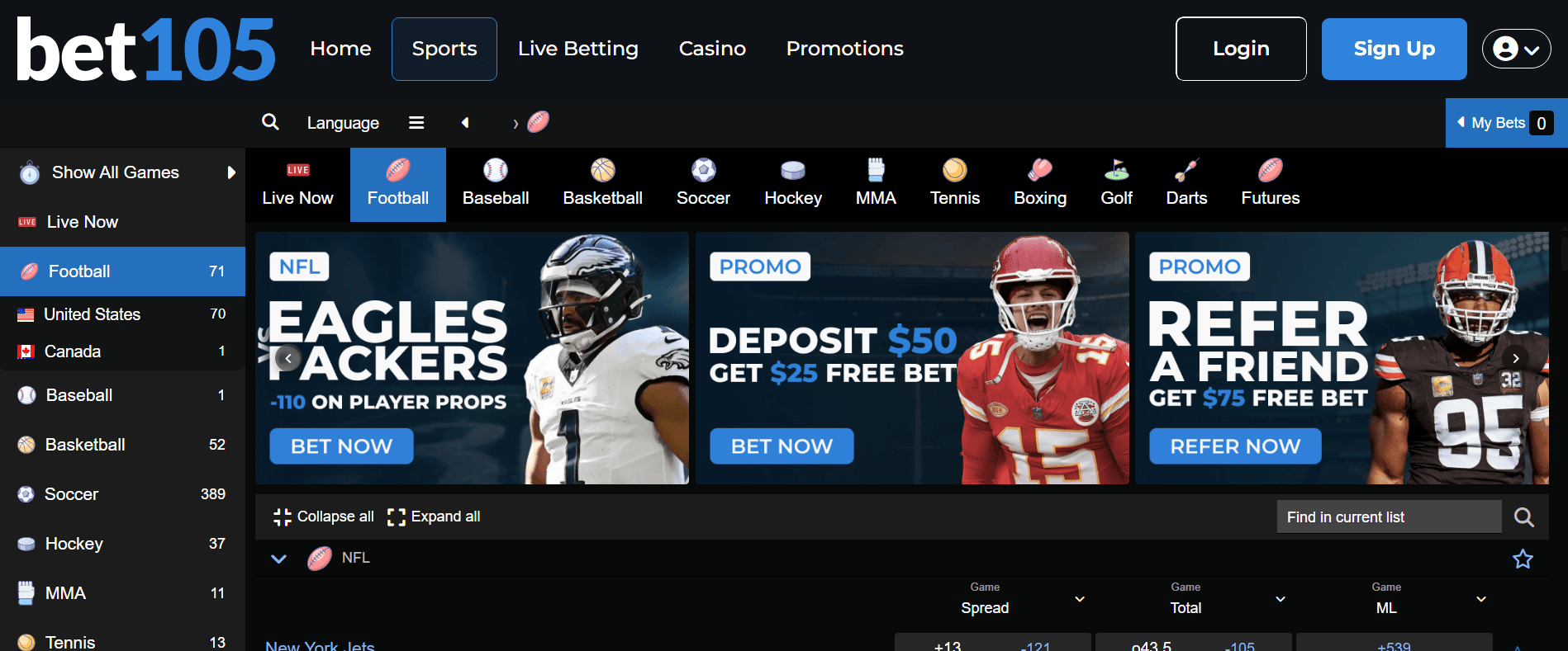 Screenshot of Bet105 minimalist sportsbook with sharp design